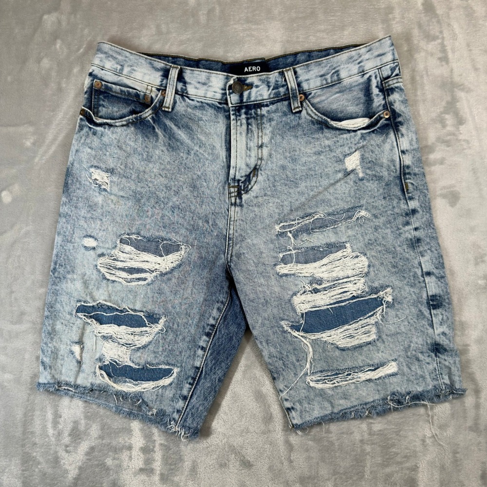 Aeropostale Jean Shorts Mens 33 Light Blue Slim Cut-Off Distressed Acid Wash